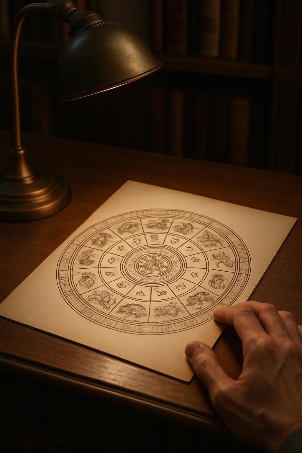 A person sits at a desk, illuminated by a lamp, with a circular piece of paper featuring astrological symbols, suggesting ...