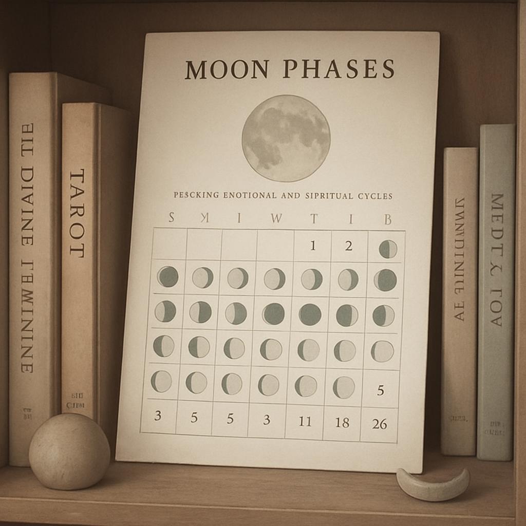 A bookshelf with a moon phases calendar in the centre, flanked by books on tarot and astrology.