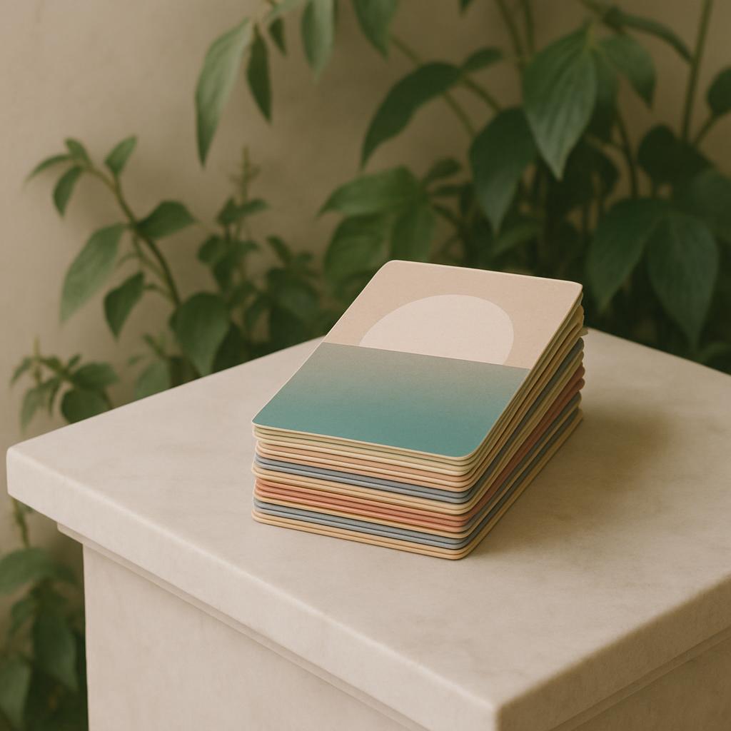 A stack of cards with pastel colors is placed on a white surface.