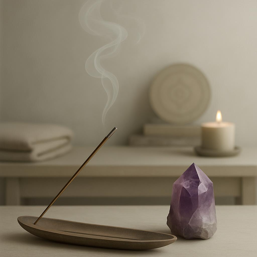 Ceramic incense holder with burning stick; lit container candle; clear amethyst crystal decorative item; rustic decor on s...