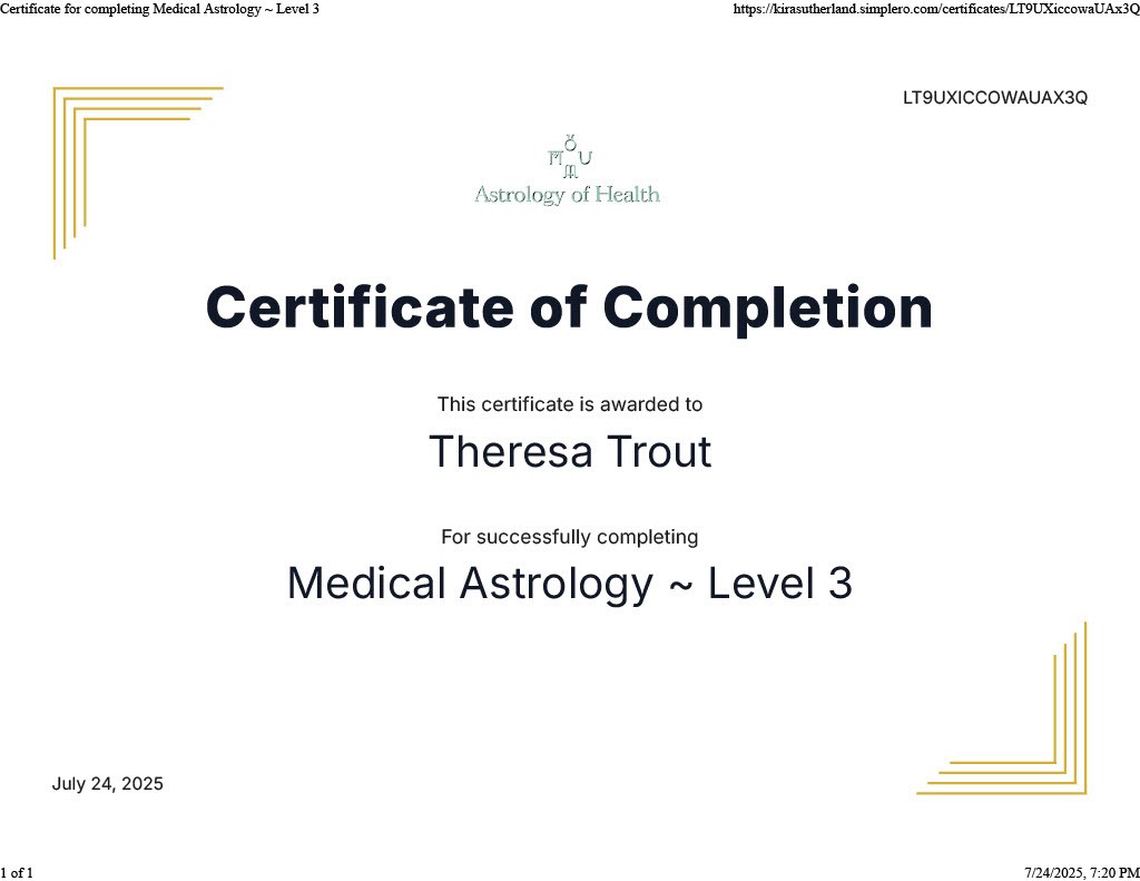 Certificate for completing Medical Astrology - level 3